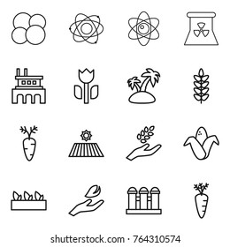 Thin line icon set : atom core, nuclear power, factory, perishable, island, spikelets, carrot, field, harvest, corn, seedling, hand leaf, grain elevator