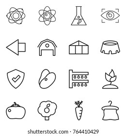 Thin line icon set : atom, flask, eye identity, left arrow, barn, greenhouse, stadium, protected, beans, watering, sprouting, tomato, garden, carrot, hanger