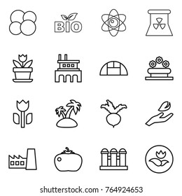 Thin line icon set : atom core, bio, nuclear power, flower, factory, greenhouse, bed, perishable, island, beet, hand leaf, tomato, grain elevator, ecology