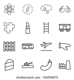 Thin line icon set : atom, lightning, cloude service, smart glasses, puzzle, lipstick, stairs, railroad shipping, pallet, bus, departure, cook glove, cake, soil cutter, eggplant, factory