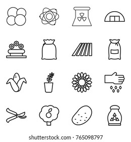 Thin line icon set : atom core, nuclear power, hangare, flower bed, flour, field, corn, seedling, sow, pruner, garden, potato, fertilizer