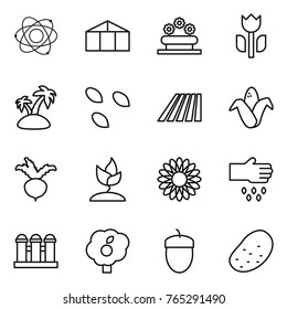 Thin line icon set : atom, greenhouse, flower bed, perishable, island, seeds, field, corn, beet, sprouting, sow, grain elevator, garden, acorn, potato