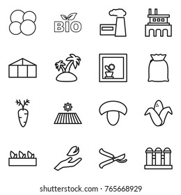 Thin line icon set : atom core, bio, factory, greenhouse, island, flower in window, flour, carrot, field, mushroom, corn, seedling, hand leaf, pruner, grain elevator