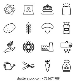 Thin line icon set : atom, nuclear power, flower bed, flour, potato, spikelets, mushroom, harvest, factory, sow, watering can, pruner, carrot, fertilizer
