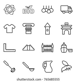 Thin line icon set : atom, bio, sale, delivery, t shirt, column, tower, arch, ruler, pyramid, gothic architecture, port, whisk, ladle, jug, wasp