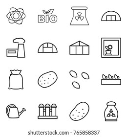 Thin line icon set : atom, bio, nuclear power, hangare, factory, greenhouse, flower in window, flour, potato, seeds, seedling, watering can, grain elevator, fertilizer