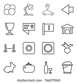 Thin line icon set : atom core, table lamp, car pointer, left arrow, wineglass, location details, important flag, warehouse, vip fence, ring button, beet, rabbit, tomato, wine, foam bucket