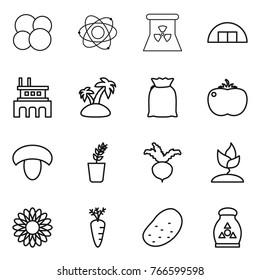 Thin line icon set : atom core, nuclear power, hangare, factory, island, flour, tomato, mushroom, seedling, beet, sprouting, flower, carrot, potato, fertilizer