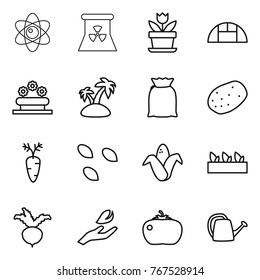 Thin line icon set : atom, nuclear power, flower, greenhouse, bed, island, flour, potato, carrot, seeds, corn, seedling, beet, hand leaf, tomato, watering can