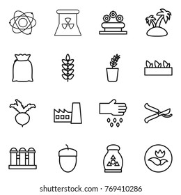 Thin line icon set : atom, nuclear power, flower bed, island, flour, spikelets, seedling, beet, factory, sow, pruner, grain elevator, acorn, fertilizer, ecology