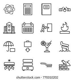Thin line icon set : atom, calculator, copybook, drawbridge, building, calendar, courier delivery, flammable, insurance, baggage get, cocktail, aquapark, air conditioning, double boiler, brush