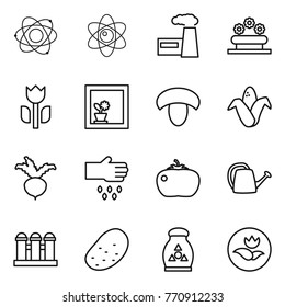 Thin line icon set : atom, factory, flower bed, perishable, in window, mushroom, corn, beet, sow, tomato, watering can, grain elevator, potato, fertilizer, ecology