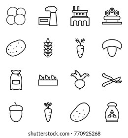 Thin line icon set : atom core, factory, flower bed, potato, spikelets, carrot, mushroom, flour, seedling, beet, pruner, acorn, fertilizer
