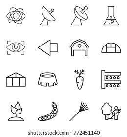 Thin line icon set : atom, satellite antenna, flask, eye identity, left arrow, barn, greenhouse, stadium, carrot, watering, sprouting, peas, rake, garden cleaning