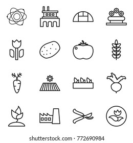 Thin line icon set : atom, factory, greenhouse, flower bed, perishable, potato, tomato, spikelets, carrot, field, seedling, beet, sprouting, pruner, ecology