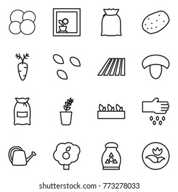 Thin line icon set : atom core, flower in window, flour, potato, carrot, seeds, field, mushroom, seedling, sow, watering can, garden, fertilizer, ecology