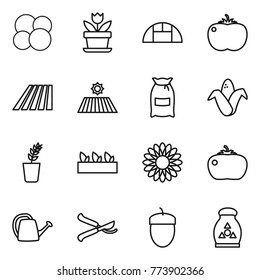 Thin line icon set : atom core, flower, greenhouse, tomato, field, flour, corn, seedling, watering can, pruner, acorn, fertilizer