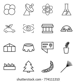 Thin line icon set : atom core, satellite antenna, flask, eco car, eye identity, market, dome house, greenhouse, stadium, location details, seedling, spruce, peas, rake