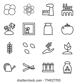 Thin line icon set : atom core, factory, island, flower in window, flour, tomato, spikelets, seeds, harvest, sprouting, watering can, pruner, grain elevator, fertilizer