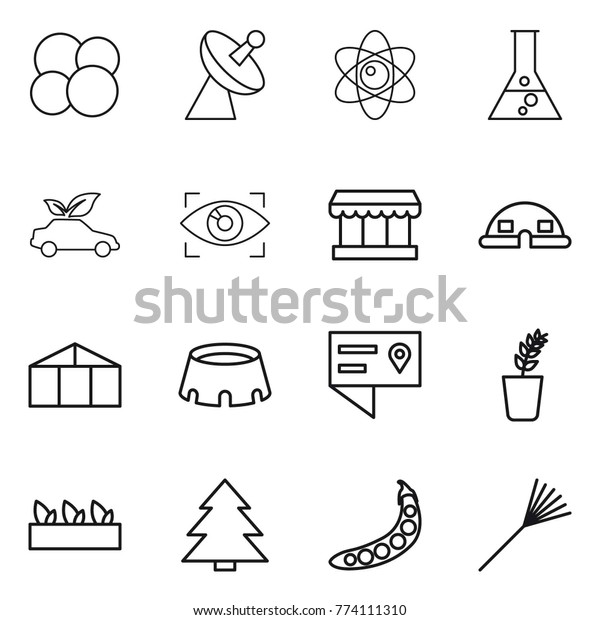 Thin line icon set\
: atom core, satellite antenna, flask, eco car, eye identity,\
market, dome house, greenhouse, stadium, location details,\
seedling, spruce, peas,\
rake