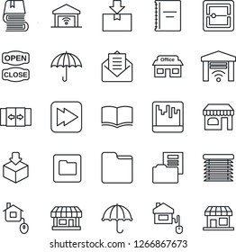 Thin Line Icon Set - automatic door vector, shop, book, store, umbrella, package, mail, fast forward, scanner, folder, copybook, document, open close, home control, jalousie, garage gate, storefront