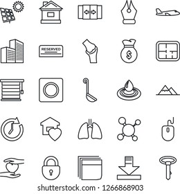 Thin Line Icon Set - automatic door vector, plane, lock, mouse, house, molecule, heart hand, lungs, joint, record, download, office building, ink pen, blank box, sun panel, mountains, plan, reserved