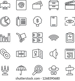 Thin Line Icon Set - automatic door vector, checkroom, pulse clipboard, cargo, umbrella, clapboard, speaker, equalizer, chain, phone back, calendar, wireless, fingerprint id, pie graph, office