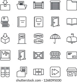 Thin Line Icon Set - automatic door vector, medical room, book, store, container, umbrella, package, mail, fast forward, scanner, folder, copybook, document, mailbox, open close, jalousie