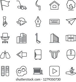 Thin Line Icon Set - automatic door vector, left arrow, office building, pennant, mouse, tree, lawn mower, sickle, lungs, plane, play button, ink pen, chair, tie, book, house, reserved, ladle, flag