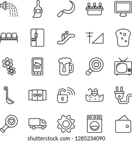 Thin Line Icon Set - automatic door vector, escalator, waiting area, watering, sickle, heart diagnostic, car delivery, search cargo, monitor, settings, themes, cellular signal, meeting, pool, fridge
