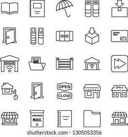 Thin Line Icon Set - automatic door vector, umbrella, book, store, container, package, mail, fast forward, folder, copybook, document, mailbox, open close, home control, garage gate, storefront