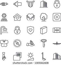 Thin Line Icon Set - automatic door vector, shower, left arrow, plane, lock, office building, pennant, tree, butterfly, heart shield, hand, eye, folder document, rec button, brightness, compass, tie