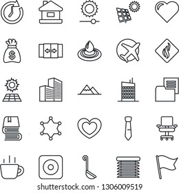 Thin Line Icon Set - automatic door vector, money bag, coffee, heart, plane, folder document, rec button, brightness, office building, chair, tie, book, house, sun panel, mountains, city, ladle