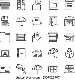 Thin Line Icon Set - automatic door vector, umbrella, shop, store, container, package, mail, folder, copybook, document, book, mailbox, home control, jalousie, garage gate, storefront
