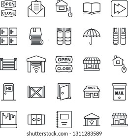 Thin Line Icon Set - automatic door vector, medical room, checkroom, book, store, container, umbrella, mail, fast forward, scanner, copybook, mailbox, open close, home control, garage gate