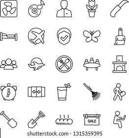 Thin Line Icon Set - automatic door vector, bed, meeting, job, flower in pot, shovel, rake, butterfly, garden knife, fireplace, plane, shield, themes, user, alarm, music, manager, sale, cafe, bread