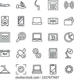 Thin Line Icon Set - automatic door vector, plane, notebook pc, sickle, satellite, cell phone, laptop, speaker, mobile, calculator, pie graph, desk lamp, rent, credit card, wireless, gear, eye scan