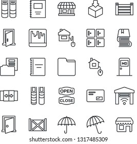 Thin Line Icon Set - automatic door vector, umbrella, medical room, checkroom, book, store, container, package, mail, scanner, folder, copybook, document, open close, home control, garage gate