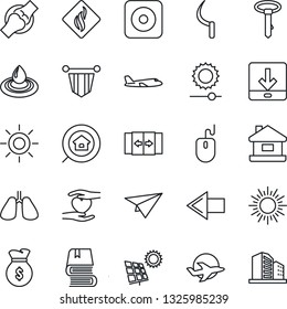 Thin Line Icon Set - automatic door vector, left arrow, sun, plane, pennant, mouse, sickle, heart hand, lungs, joint, rec button, download, brightness, book, house, panel, estate search, water, tie