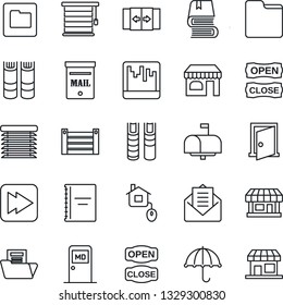 Thin Line Icon Set - automatic door vector, shop, medical room, book, store, container, umbrella, mail, fast forward, scanner, folder, copybook, document, mailbox, open close, home control, jalousie