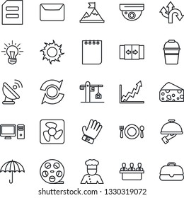 Thin Line Icon Set - automatic door vector, notepad, document, bucket, glove, sun, route, umbrella, satellite antenna, reel, update, meeting, mail, crane, cook, cafe, waiter, cheese, fan, pc, idea