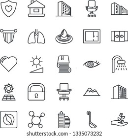 Thin Line Icon Set - automatic door vector, shower, office building, pennant, heart, molecule, shield, lungs, eye, brightness, compass, lock, chair, book, house, sun panel, mountains, plan, ladle