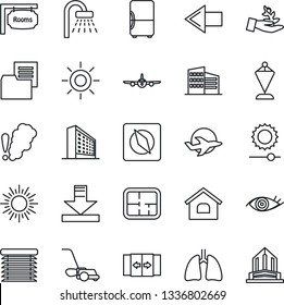 Thin Line Icon Set - automatic door vector, shower, left arrow, sun, plane, office building, pennant, lawn mower, lungs, eye, folder document, download, brightness, compass, house, plan, rooms