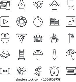 Thin Line Icon Set - automatic door vector, umbrella, mouse, tie, factory, ladder, garden light, pills, run, plane, fragile, warehouse storage, play button, mobile camera, alarm, stopwatch, music