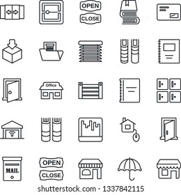 Thin Line Icon Set - automatic door vector, shop, checkroom, book, store, container, umbrella, package, mail, scanner, copybook, document folder, mailbox, open close, home control, jalousie
