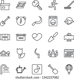 Thin Line Icon Set - automatic door vector, shower, job, trowel, shovel, rake, watering can, sickle, fireplace, run, plane, tulip, heart, alarm, music, calendar, meeting, paper tray, house with tree