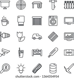 Thin Line Icon Set - automatic door vector, wind, desk, tie, presentation board, thermometer, pills blister, tulip, oil barrel, rack, monitor, coffee, statistics, target, washer, phyto bar, bacon