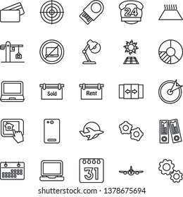 Thin Line Icon Set - automatic door vector, no laptop, plane, gear, office binder, circle chart, 24 hours, pc, phone back, calendar, desk lamp, target, rent, sold signboard, crane, credit card