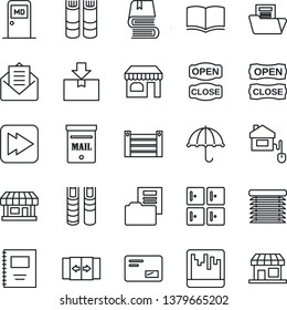 Thin Line Icon Set - automatic door vector, shop, medical room, checkroom, book, store, container, umbrella, package, mail, fast forward, scanner, copybook, document folder, mailbox, open close
