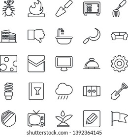Thin Line Icon Set - automatic door vector, tv, reception bell, safe, gear, trowel, garden fork, shovel, rain, sickle, virus, shield, flammable, monitor, finger down, mail, notes, office building